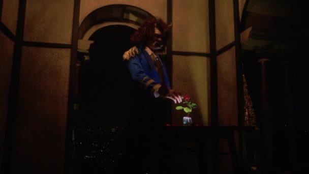 Man Feeling Sad Beast Costume Brown Room Rose Table Dark — Wideo stockowe