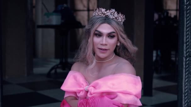 Рожева Принцеса Сидить Підлозі Сукня Покриває Підлогу Красою Своєму Палаці — стокове відео