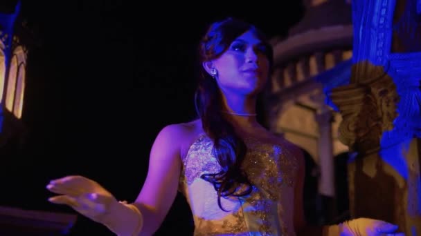 Beautiful Princess Bride Stairs Her Wedding Her Palace Dark Night — Stock Video