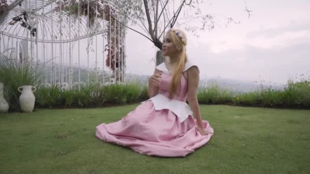 Rózsaszín Hercegnő Piknikezik Alatt Boldog Arccal Kertben — Stock videók