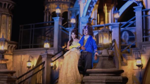 Королева Король Спускаются Лестнице Королевского Дворца Ночью Вечеринке Внутри Замка — стоковое видео