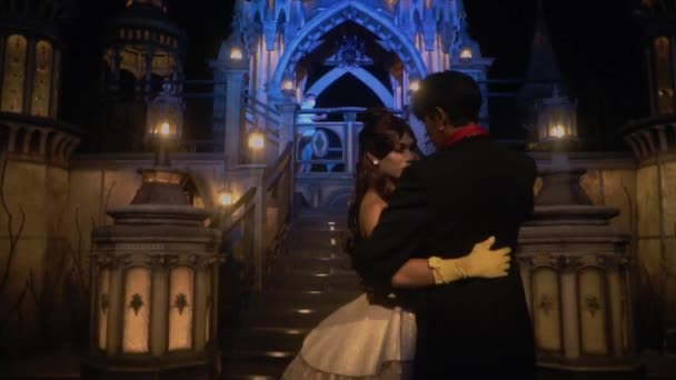 宮殿の前の城の中で一緒にワルツを踊る幸せなパートナー — ストック動画