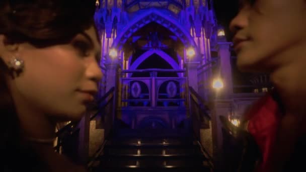 Король Королева Идут Вместе Лестнице Войти Королевский Дворец После Вечеринки — стоковое видео
