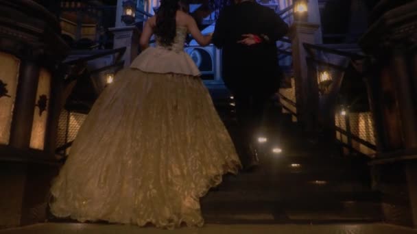 一个国王和一个王后一起穿过楼梯 在她的城堡里参加完宴会后进入王宫 — 图库视频影像