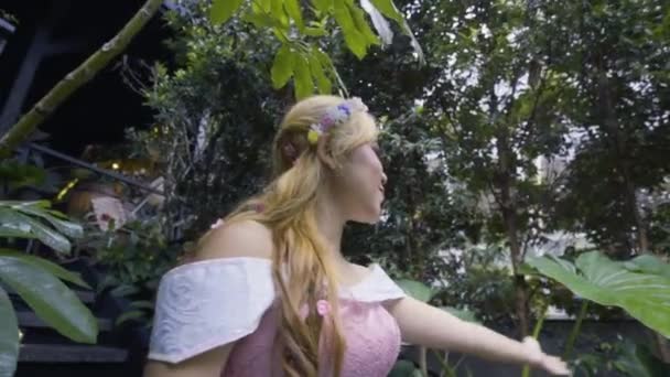Princess Pink Dress Walking Stairs Forest Flower Tree Surrounding Her — Stock Video