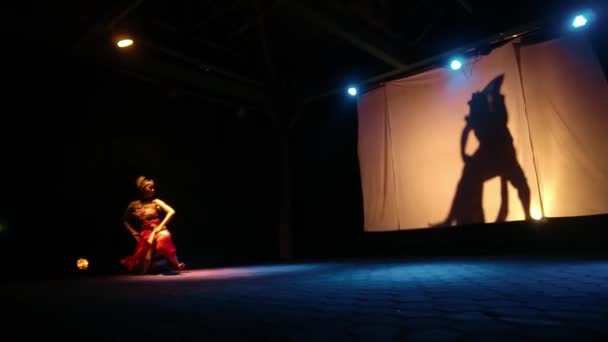 在灯光舞台上跳舞的时候 一个人物形象的舞者陪着这位女舞蹈演员一起跳舞 — 图库视频影像