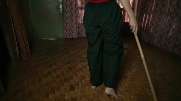 Blind Asian Woman Dancing Front Red Curtain Bamboo House Night — Stock Video