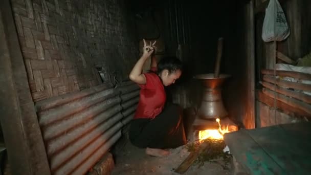 Blind Woman Gets Fire Stove While Cooking — Stock Video
