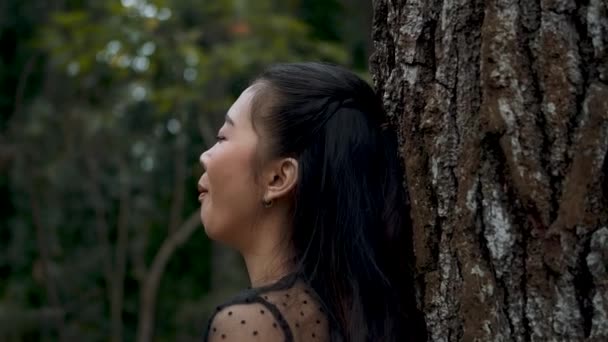 Lukostřelba Žena Štíhlé Odpočívá Hnědém Stromě Džungli Dívka Sobě Černé — Stock video