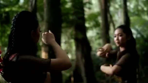 Две Женщины Сражаются Друг Другом Традиционными Танцевальными Движениями Лесу Держа — стоковое видео