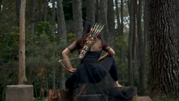 亚洲女人坐在一棵树上 手上拿着弓箭 背上背着 等待着丛林里的敌人 — 图库视频影像