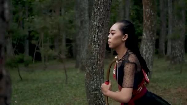 Ormandaki Ağaçların Arasında Koşan Egzotik Bir Kadın Elinde Yay Vardı — Stok video