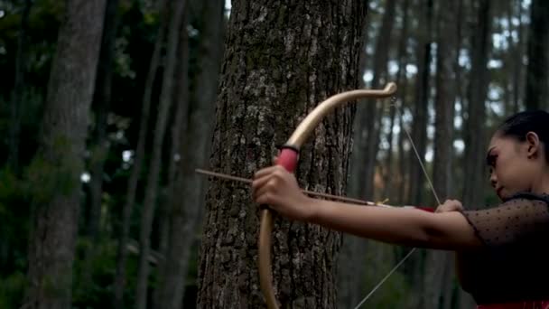 Portret Kobiety Strzelającej Strzałą Łuku Lesie Przed Brązowym Drzewem Trzymającej — Wideo stockowe