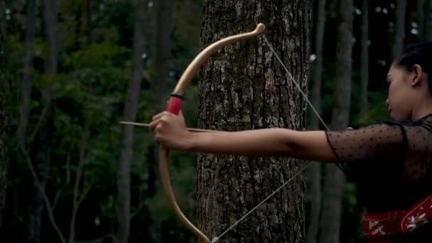 Portrait Shoot Female Shooting Arrow Bow Forest Front Brown Tree — Stock Video