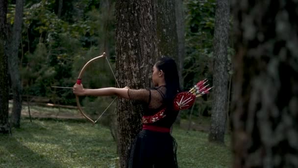 Okçu Kadınlar Ormanda Avlanırken Atmaya Hazır Siyah Kostümlü Siyah Saçlı — Stok video