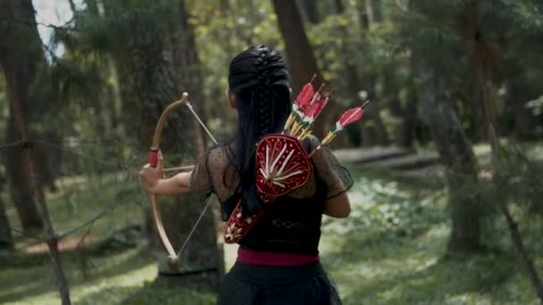 Women Archery Searching Enemy Forest Ready Shoot Them Bow Arrow — Stock Video