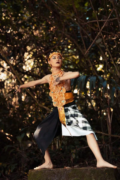 Eine Traditionelle Tänzerin Mit Goldener Kleidung Und Goldener Krone Posiert — Stockfoto