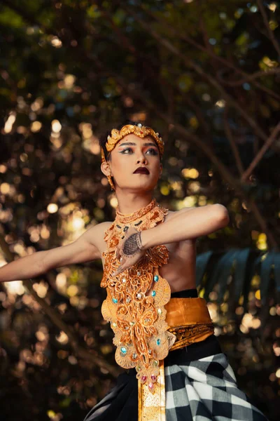 Eine Traditionelle Tänzerin Mit Goldener Kleidung Und Goldener Krone Posiert — Stockfoto