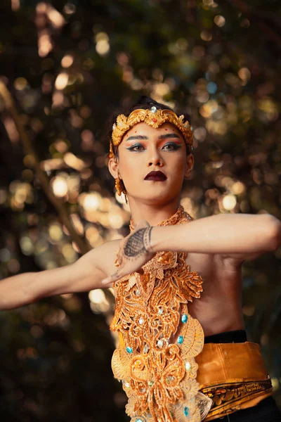 Uma Dançarina Tradicional Com Roupas Douradas Uma Coroa Dourada Posando — Fotografia de Stock