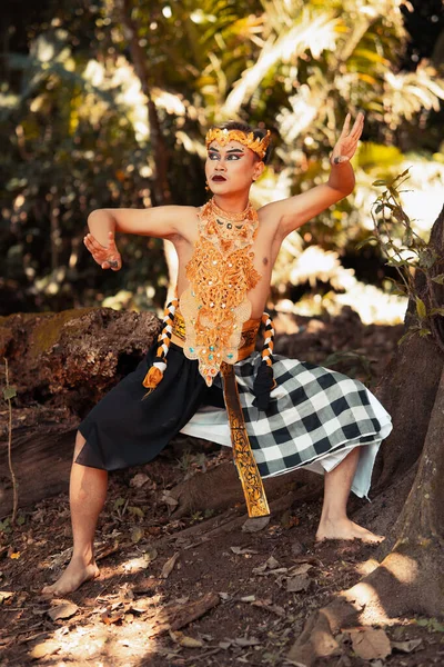 Dançarinos Balineses Dançam Dentro Floresta Enquanto Vestem Coroas Douradas Trajes — Fotografia de Stock