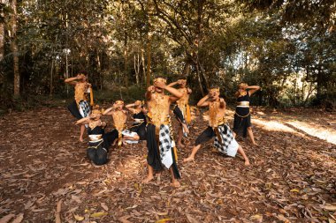 Altın kostümlü ve soyulmuş pantolonlu balerin ormanın içinde ölü kahverengi yapraklarla dans ediyor.
