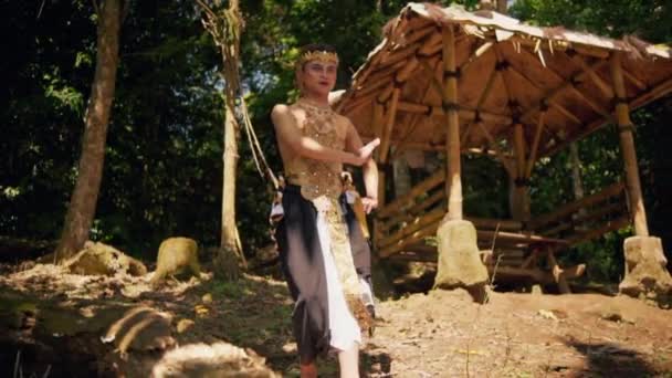 Ormanın Içinde Altın Bir Kostüm Giyerken Asyalı Adam Ormandan Göle — Stok video