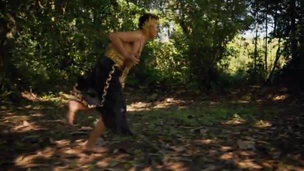 Homme Avec Costume Doré Couronne Parle Groupe Homme Près Arbre — Video