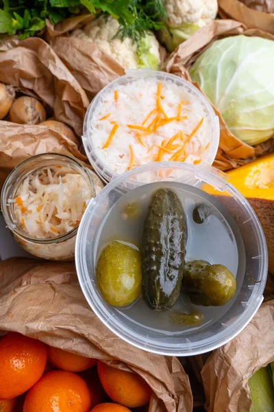 Homemade Fermented Glass Jars Pickled Food Healthy Vegetables Harvest Winter — Stockfoto