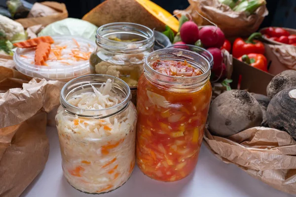 Homemade Fermented Glass Jars Pickled Food Healthy Vegetables Harvest Winter — стоковое фото