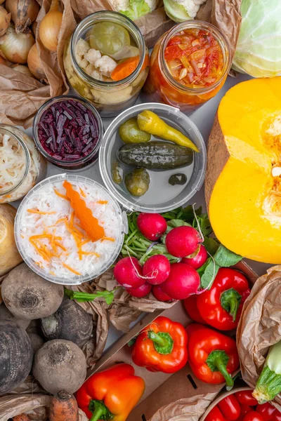 Homemade Fermented Glass Jars Pickled Food Healthy Vegetables Harvest Winter — Stockfoto
