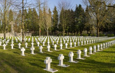 Beyaz haçlar, Belçika 'nın Antwerp kenti yakınlarındaki ağaçlarla ve çapraz anıtlarla Havan Savaşı Mezarlığı' nda mezarlık açıyor.