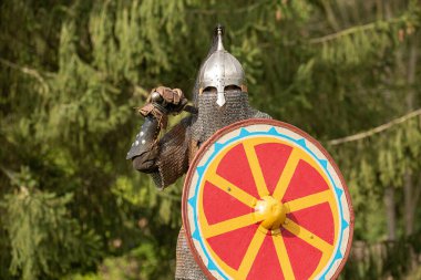 Kalkan ve kılıç tutan Viking savaşçısı. Tam teçhizatlı miğfer ve zincirli zırhlar.