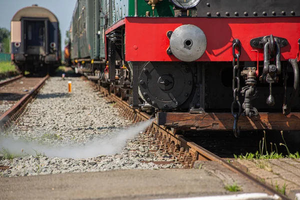 Steam Coming Out Steam Train Riding Tracks Detailed Shot — Stock Photo, Image