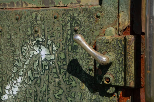 Weathered Green Paint Handle Train Door — Stock Photo, Image