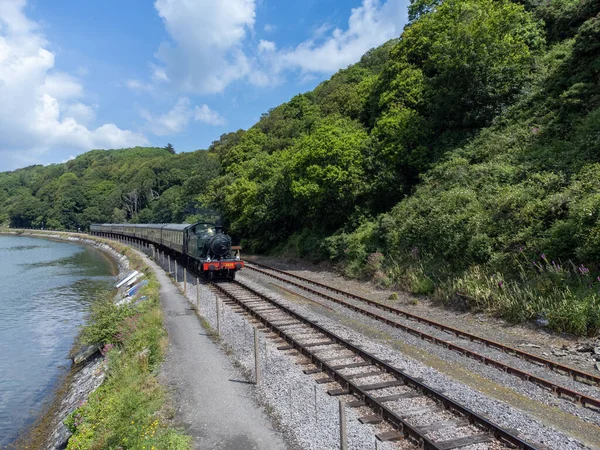 Steam Train Train Track Next Water Hill Trees Blue Sky — Foto de Stock