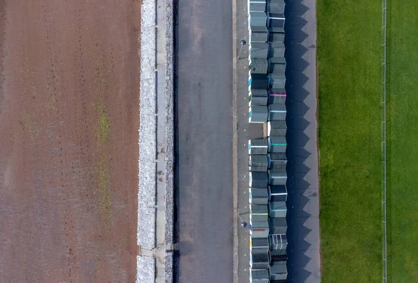 Top View Paignton Beach Huts Road Green Grass Trees Drone — Stock Photo, Image