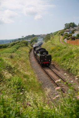 Steam train on tracks between green hills and white flowers on a summer afternoon in England