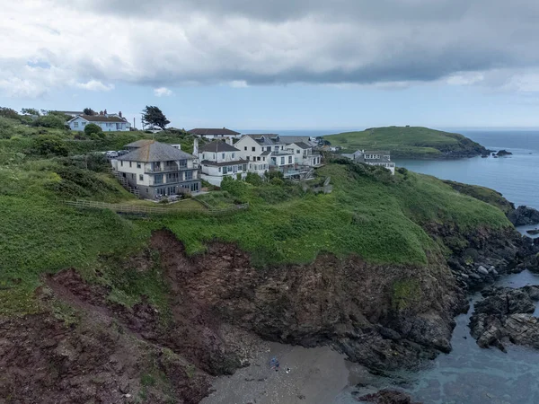 Scenic Panorama View Houses Villa Cliffs Beach Bigbury Sea Kingsbridge — Zdjęcie stockowe