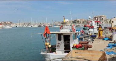 Fisherman working on fishing nets next to boat while sea gulls are flying around and diving in the sea