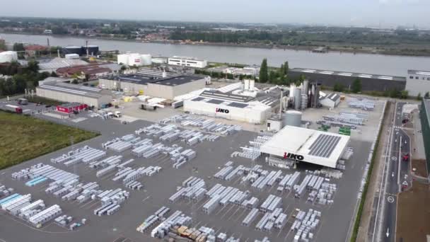 Iko Vízszigetelés Szigetelés Gyártó Lapos Tetők Gyárában Antwerpenben Drón Légi — Stock videók
