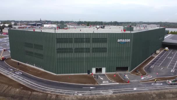 Drone Statyczny Widok Nowego Centrum Dystrybucyjnego Amazon Nadal Buduje Antwerpii — Wideo stockowe