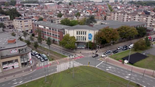 Antwerp Teki Stedelijk Lyceum Olimpiyatları Kavşağında Trafik Vardı Yukarıdan Drone — Stok video