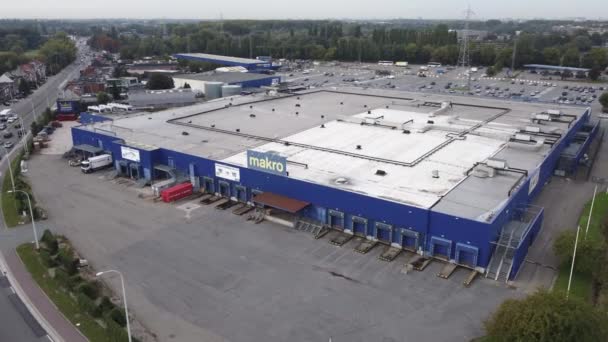 Makro Loja Antuérpia Visto Cima Com Drone Vista Baía Carregamento — Vídeo de Stock