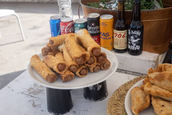 Sausage Roll Snacks Drinks Display Local Spanish Food Market — Stock Photo, Image