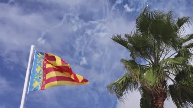 Valencia bayrağı, Valencia halkı rüzgarda sallanıyor arka planda havai fişekler ve palmiye ağaçları ağır çekimde mavi gökyüzü ile birlikte.
