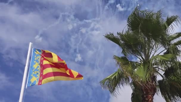 Vlag Van Valencia Valenciaanse Gemeenschap Zwaaiend Wind Met Vuurwerk Palmboom — Stockvideo