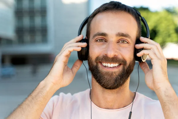 Close Portrait Confident Smiling Latin Man Listening Music Stylish Headphones — Photo
