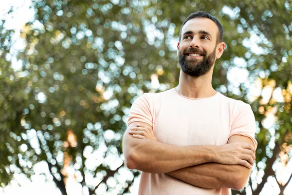 Handsome Smiling Latin Man Arms Crossed Wearing Casual Clothing Looking — Stock Photo, Image