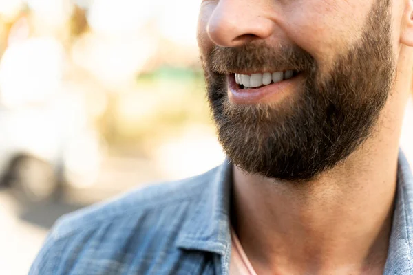 Closeup Portrait Smiling Bearded Customer Barber Shop Service Selective Focus — Stock Photo, Image