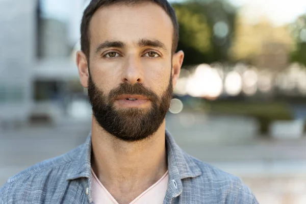 Portrait Handsome Confident Hispanic Man Stylish Beard Looking Camera Standing — Fotografia de Stock